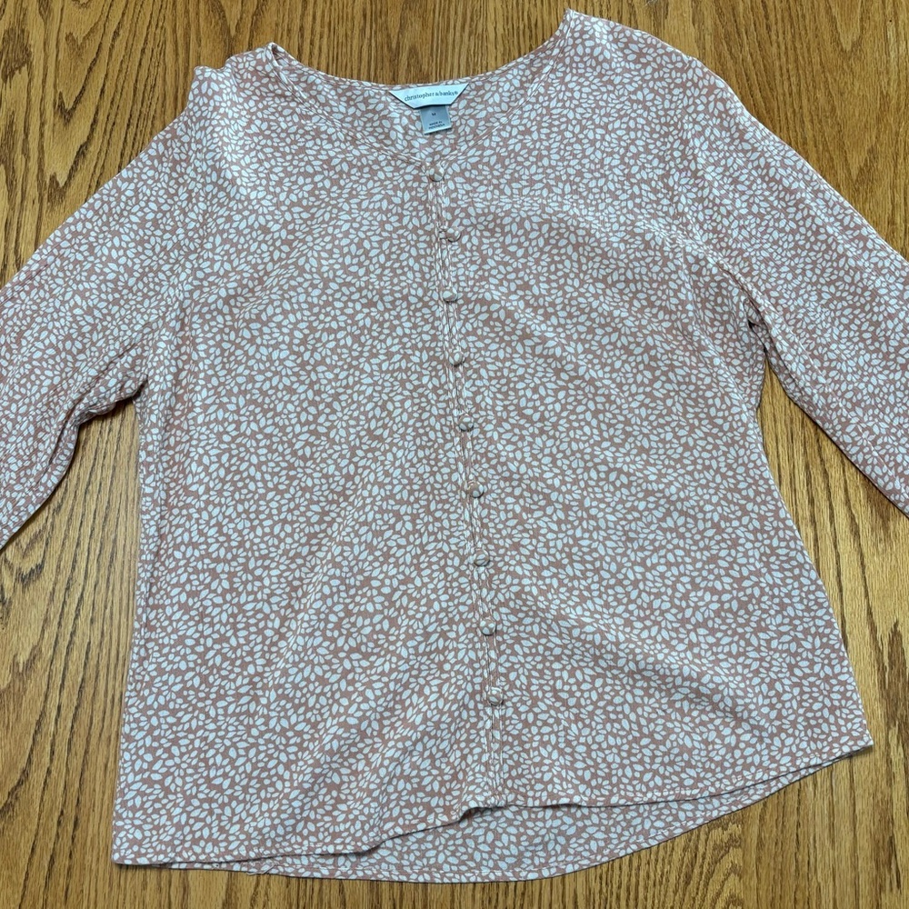 Christopher & Banks Pink and White Printed Button-Front Blouse